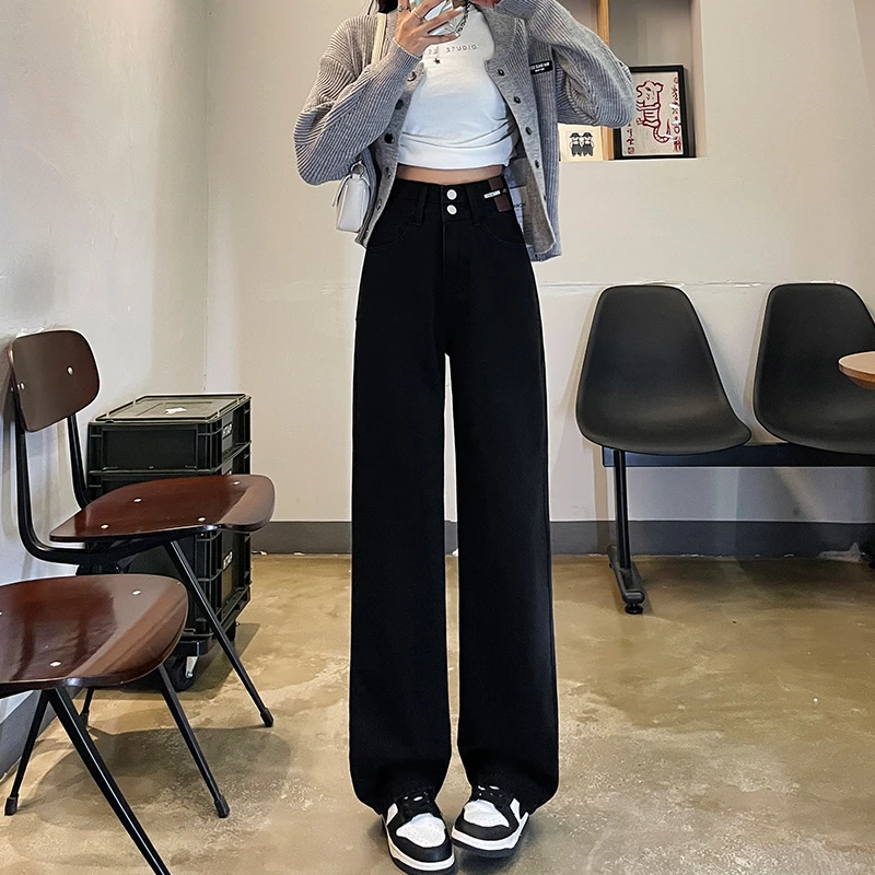 雪千羽复古蓝高腰直筒牛仔裤女2025夏秋季双扣宽松拖地窄版阔腿裤