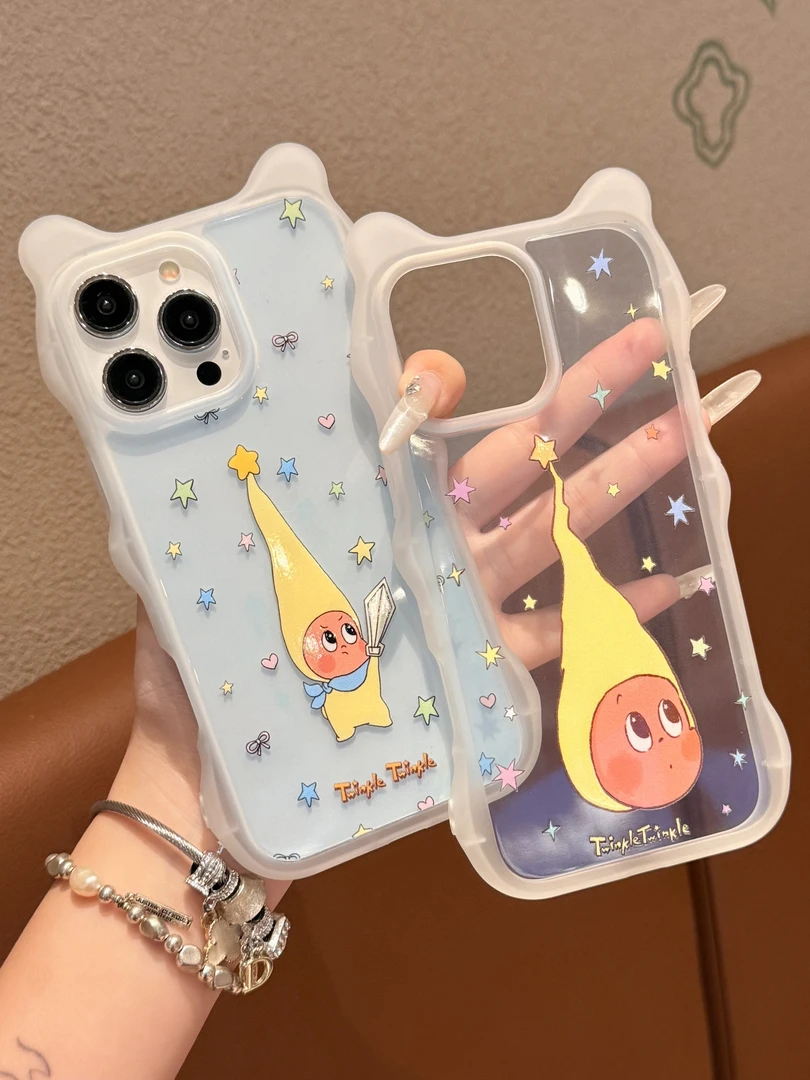 可爱波浪猫耳壳星星人适用苹果16/15/14/13全包防摔手机壳