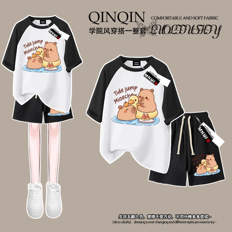 洋气卡皮巴拉印花男女童纯棉插肩短袖t恤短裤套装夏装中大童上衣