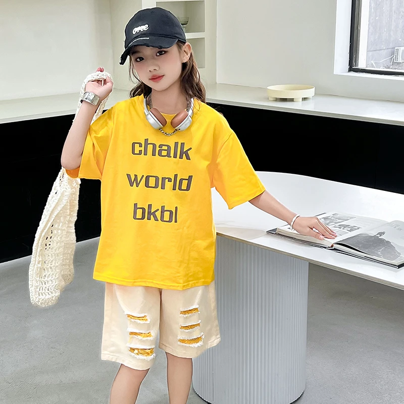 女童短袖套装夏装2025新款儿童夏季薄款短裤潮酷两件套初中生女孩