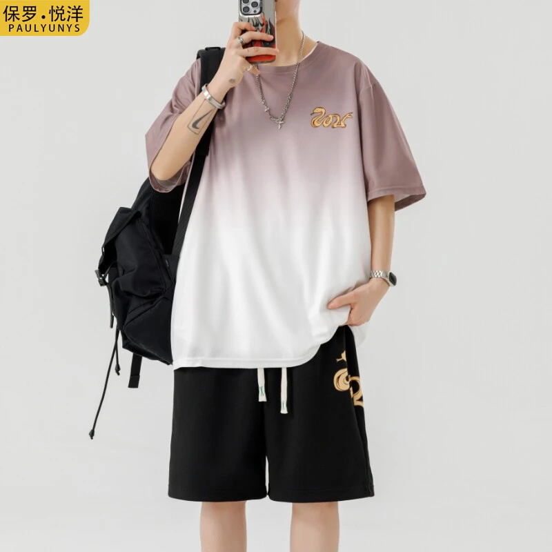 2025新款夏季青少年冰丝短袖t恤男孩初高中学生帅气大童运动套装