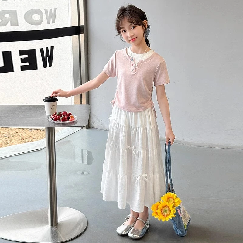 女童夏装裙子套装2025新款儿童洋气连衣裙大童夏季短袖T恤两件套