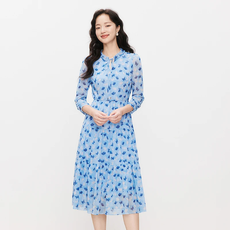 Koradior/珂莱蒂尔秋季长袖显瘦碎花连衣裙紫色优雅法式收腰裙子