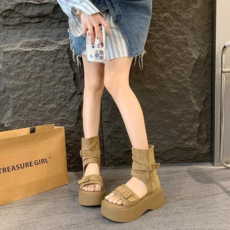 复古厚底罗马凉靴女2025夏季新款时尚套趾高帮凉鞋增高后拉链短靴