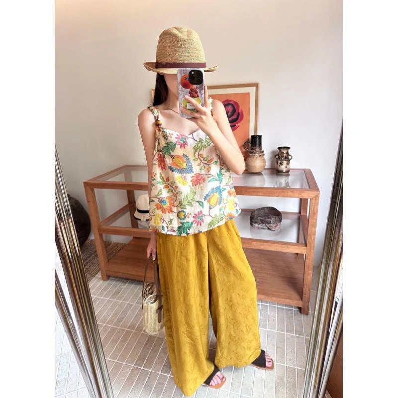 韩系穿搭套装女夏季甜美复古印花无袖吊带上衣宽松休闲提花阔腿裤