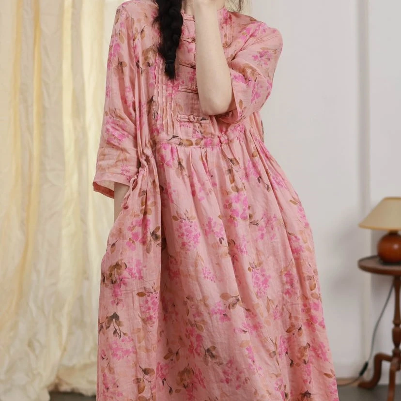 7785新款印花宽松复古100%纯苎麻连衣裙刺绣显瘦中长款国风连衣裙