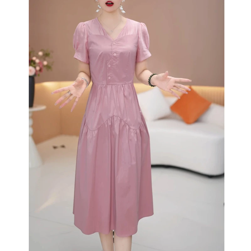 时尚优雅设计感短袖连衣裙女夏2025新款气质收腰显瘦纯色休闲裙子
