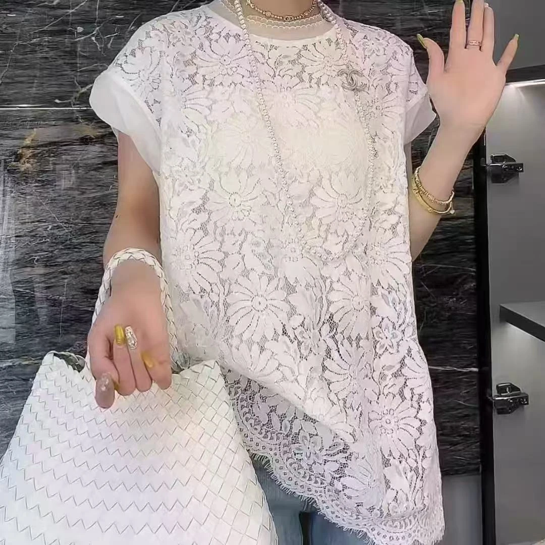 10288夏季新款欧货圆领溜肩无袖蕾丝大版宽松T恤针织镂空洋气上衣