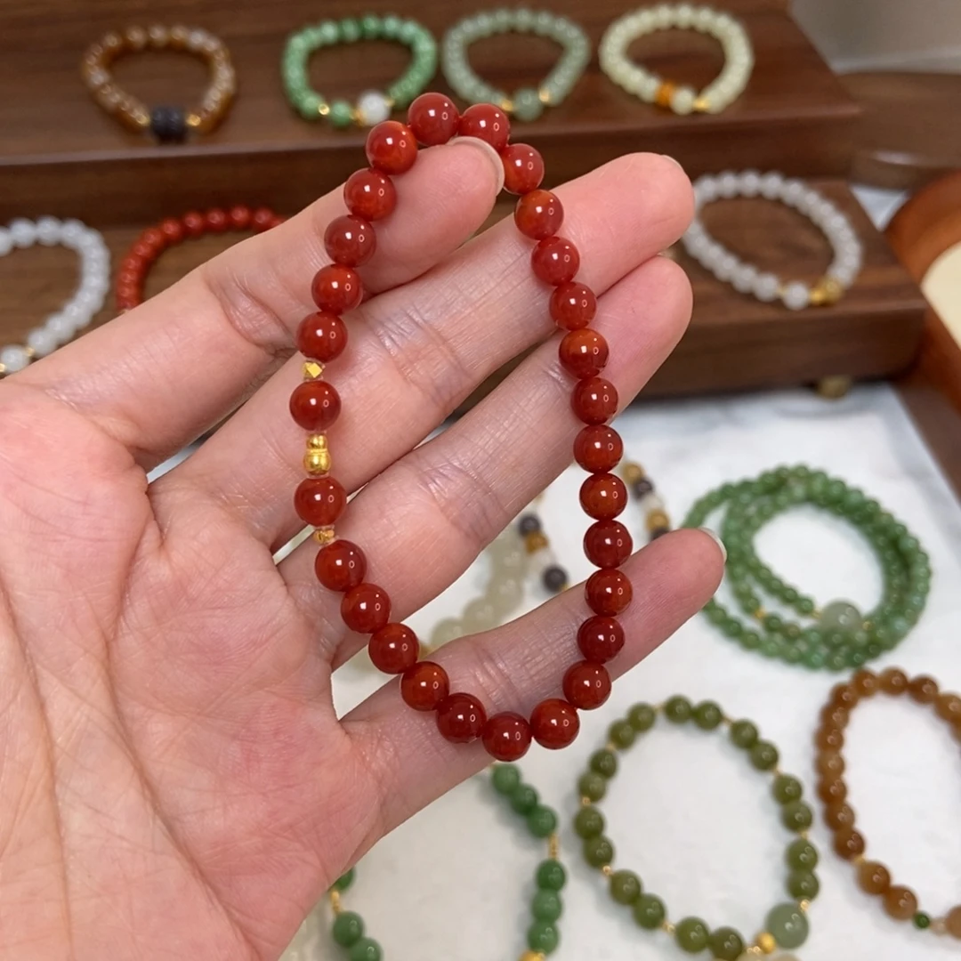 南红玛瑙18K金镶嵌手链6mm南红