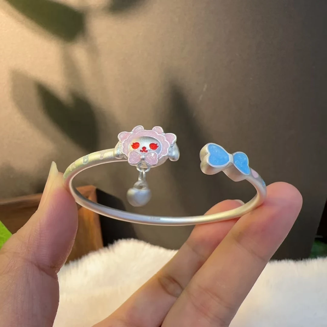 足银手镯 兔熊手镯足银999精品手镯珐琅少女心古法可调节可爱百搭