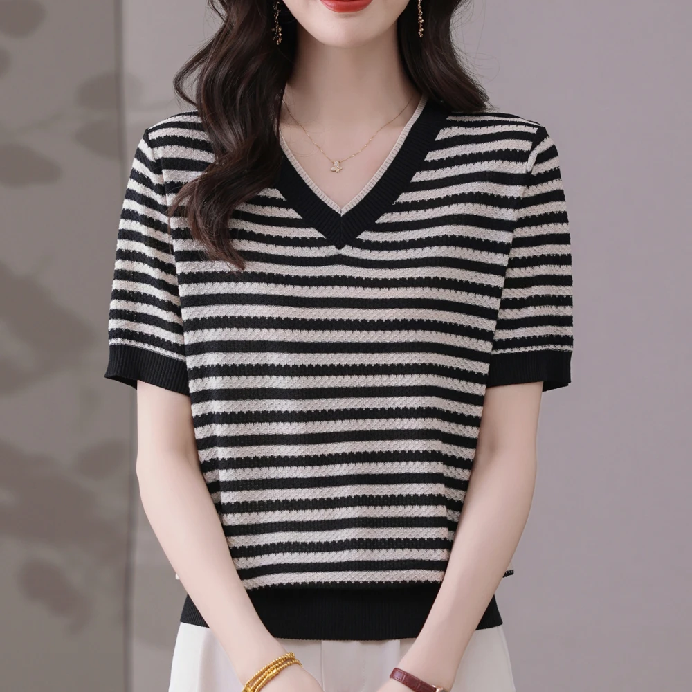 【天丝】夏季新款女士宽松V领条纹减龄上衣短袖薄款针织T恤衫