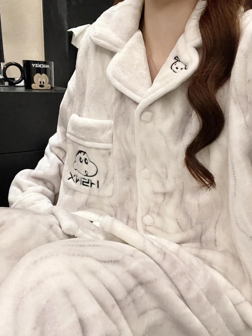 卡通小新情侣睡衣女秋冬季法兰绒加绒加厚男士冬天可爱家居服套装