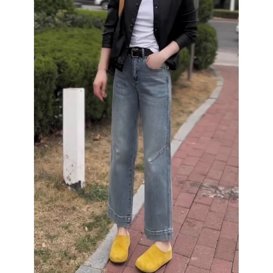 2025春夏季新款高腰小个子窄版直筒牛仔裤大码弹力遮胯九分阔腿裤