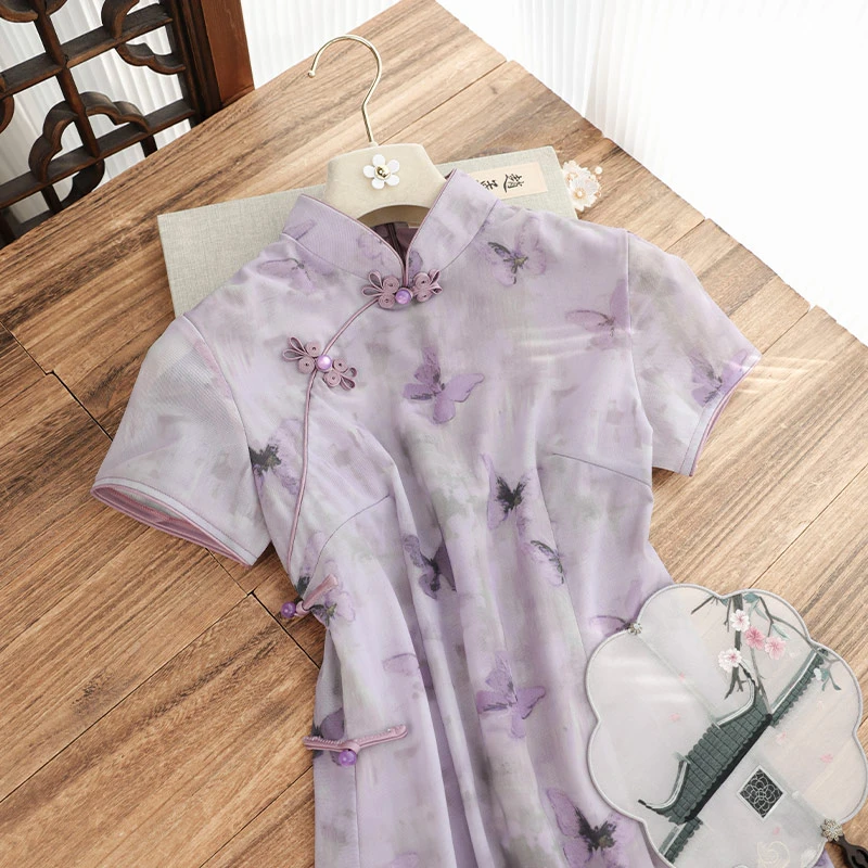 俏娘鱼2025春夏新款紫色素雅淑女范新中式改良短袖旗袍女日常可穿
