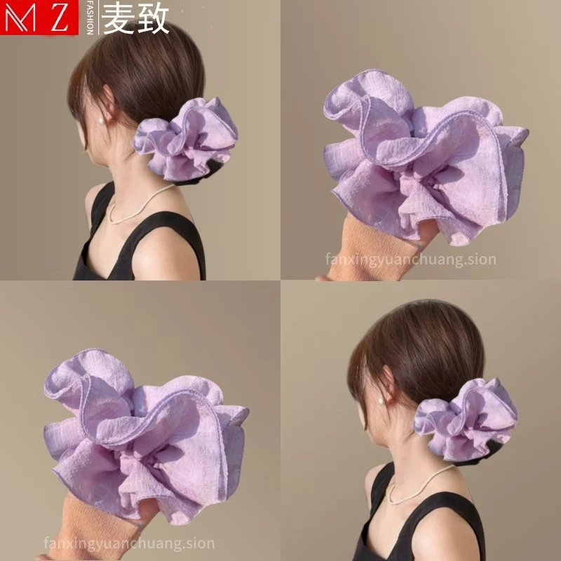 霁云柔纱~法式早春新款大号褶皱头花粉色蓝色慵懒风低丸子头发绳