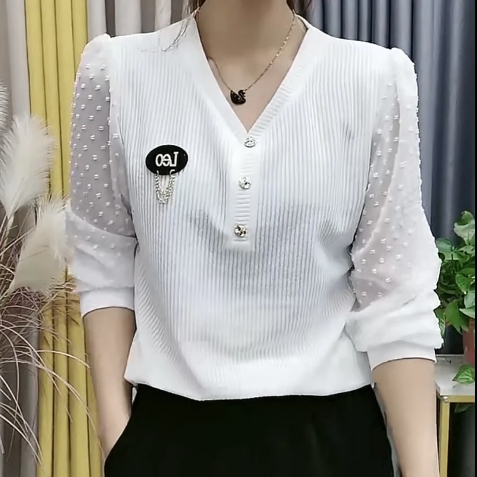 套头轻熟风纯色长袖宽松型百搭时尚雪纺衫小衫修身蕾丝洋气上衣