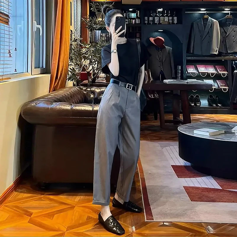 高质量灰色九分西装裤女款直筒烟管裤2025春秋季高腰垂坠感哈伦裤