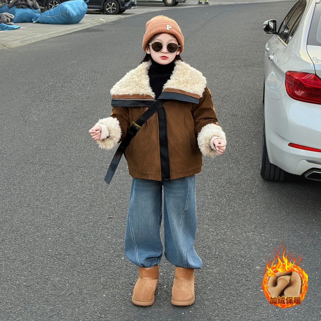 女童2025新款儿童秋冬季韩系森系加绒加厚棉服外套加绒牛仔裤套装