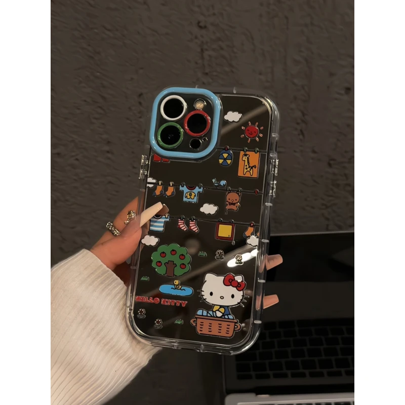适用苹果16镜面奶油iPhone15手机壳mate70华为p60kitty晾衣架小众