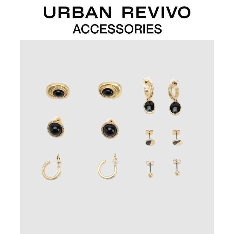 URBAN REVIVO2025冬季新款女士黑金六对装耳环首饰UAWA50179