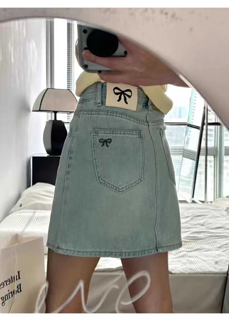 FY蝶结刺绣美式复古蝴牛仔女夏季辣妹包臀超短裙a字显瘦半身裙