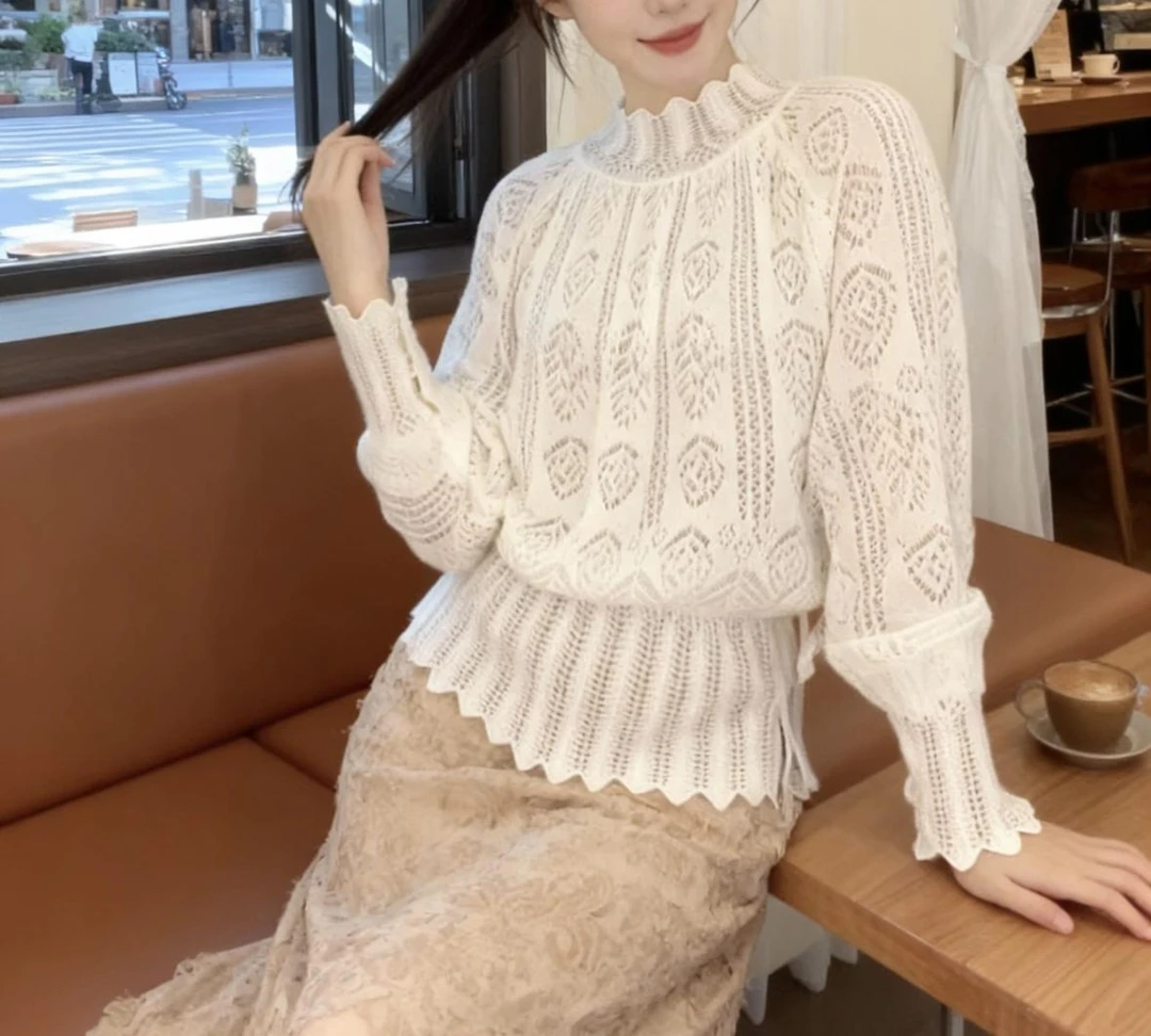 法式设计感镂空钩花针织衫女秋冬新款时尚气质修身显瘦上衣潮7468