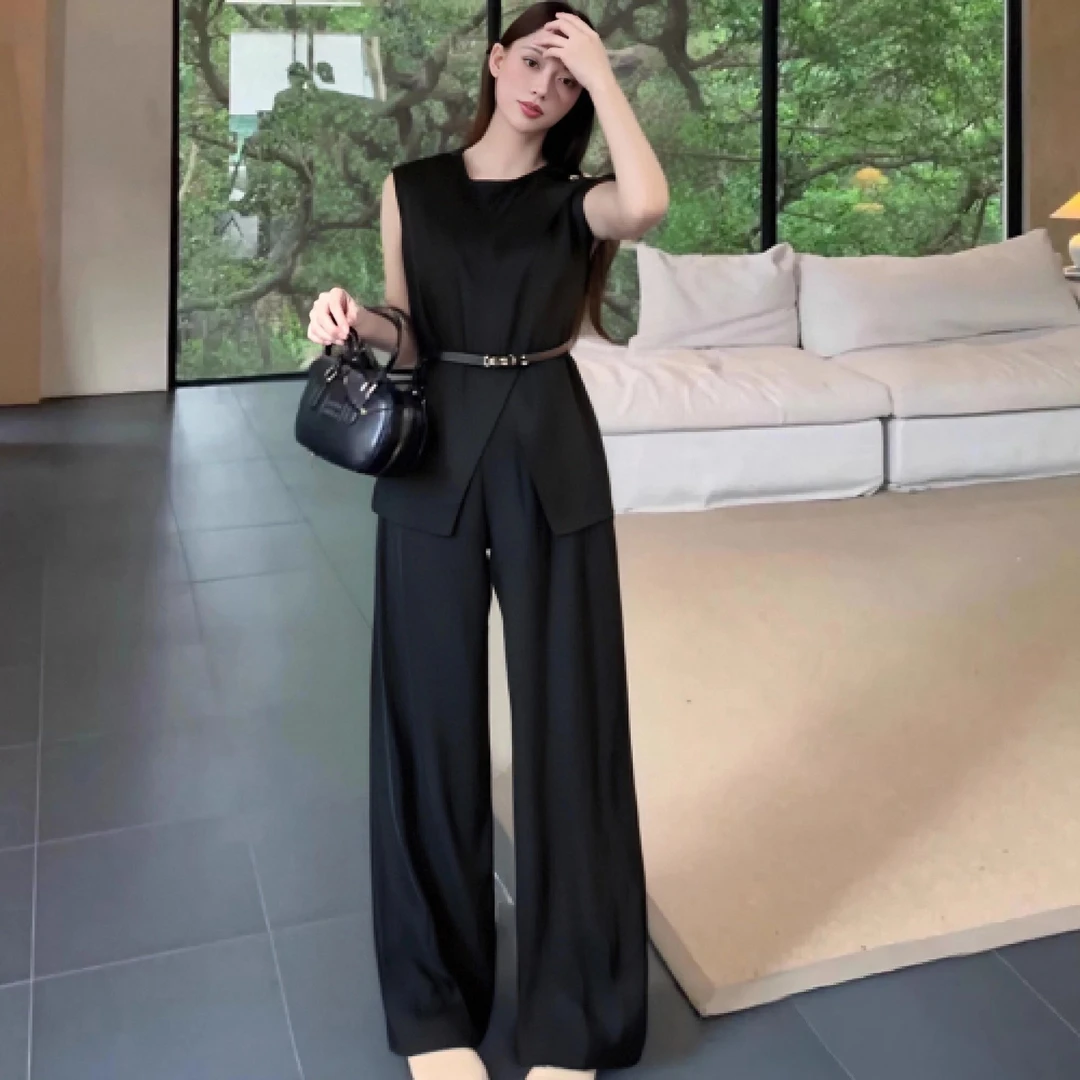 C【两件套】高级感气质显瘦收腰上衣+高腰阔腿裤两件套套装D2007