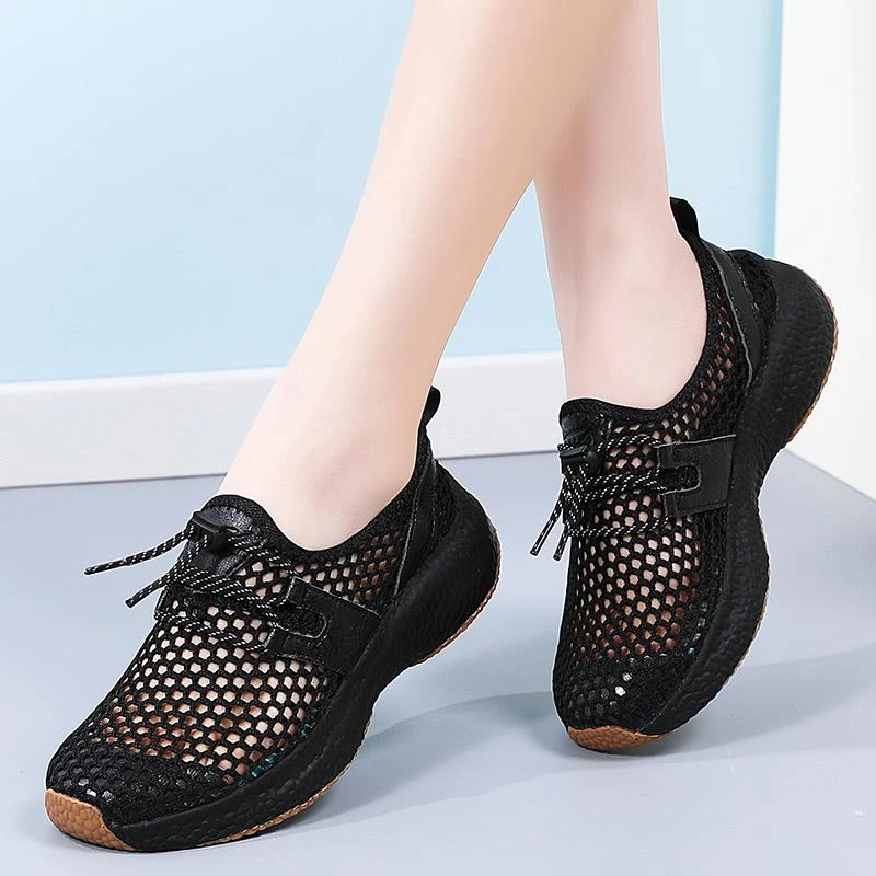 FAVMARTHA妈妈鞋夏季新款镂空网面透气网鞋女一脚蹬黑色上班鞋不