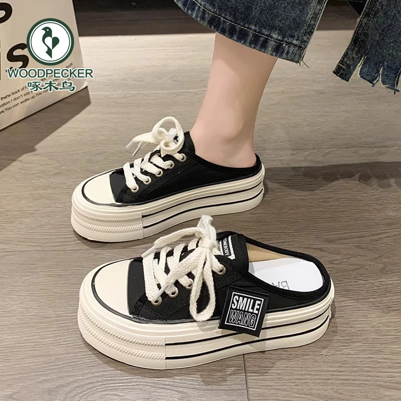 啄木鸟帆布半拖鞋女夏季外穿2025新款网红爆款厚底增高无后跟懒人