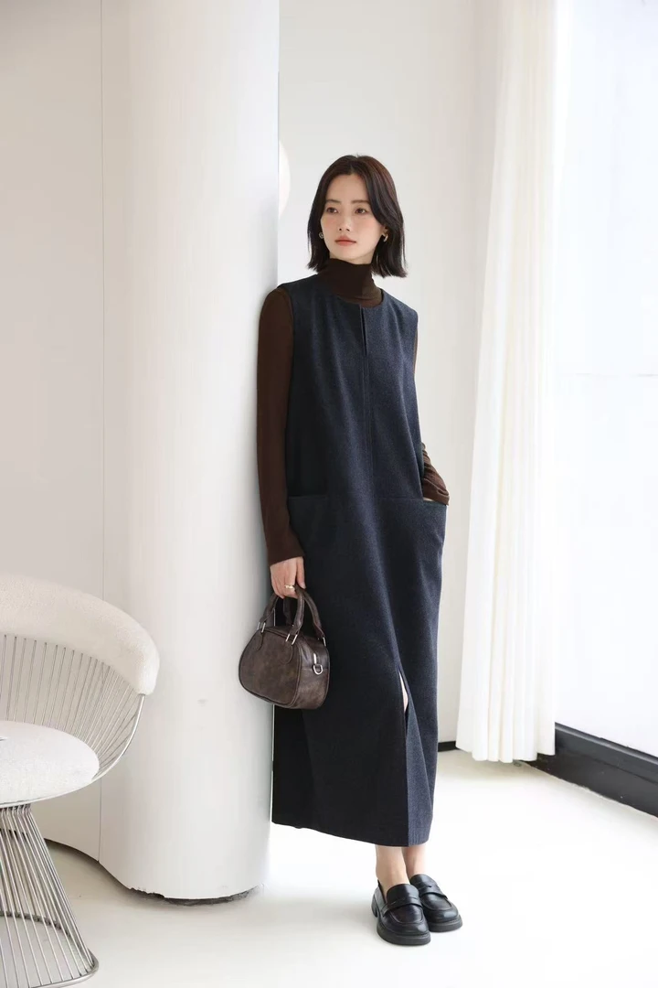 纯羊毛极简轻奢风无袖长裙中长款时尚休闲显瘦