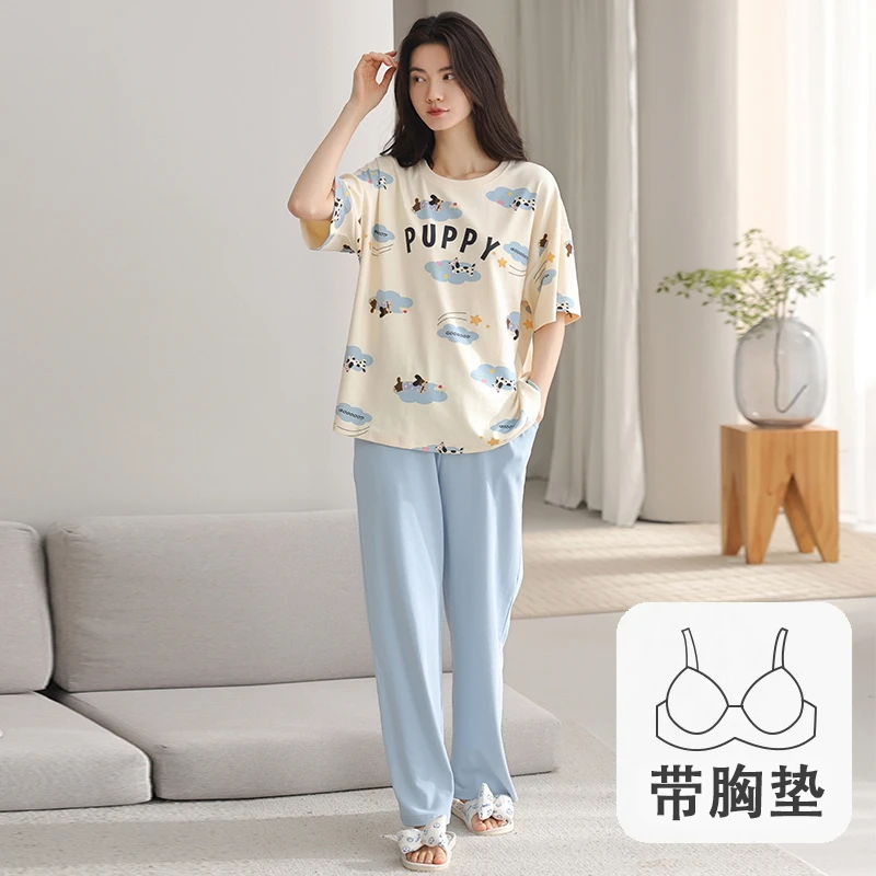 睡衣女款春夏季短袖长裤2025新款带胸垫可外穿甜美家居服套装