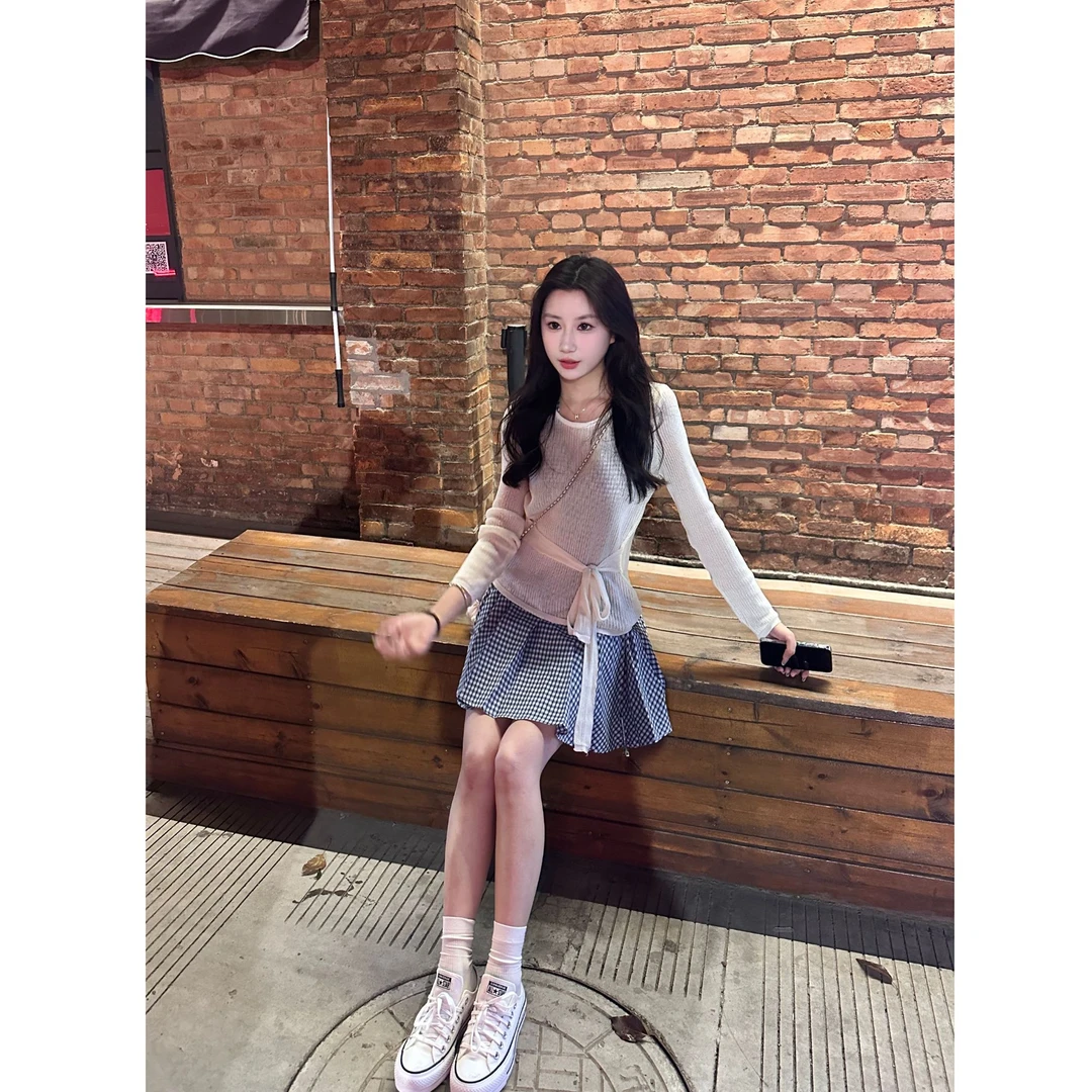 韩系法式夏季时尚v领挂脖露背修身显瘦纯欲慵懒海边度假格子裙