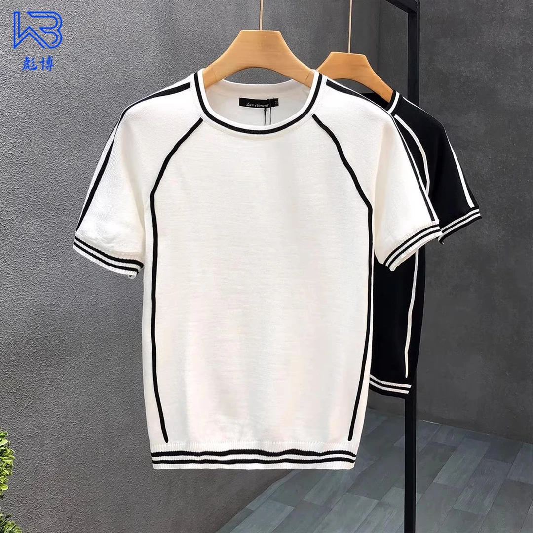 彪博织带走线拼色短袖毛衣男夏季潮牌内搭针织衫男士薄款打底衫