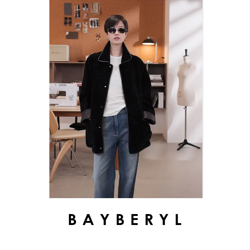BAYBERYL老贝TT翻领黑色单排扣廓形秋时尚一体皮衣PY5G1134-7/26