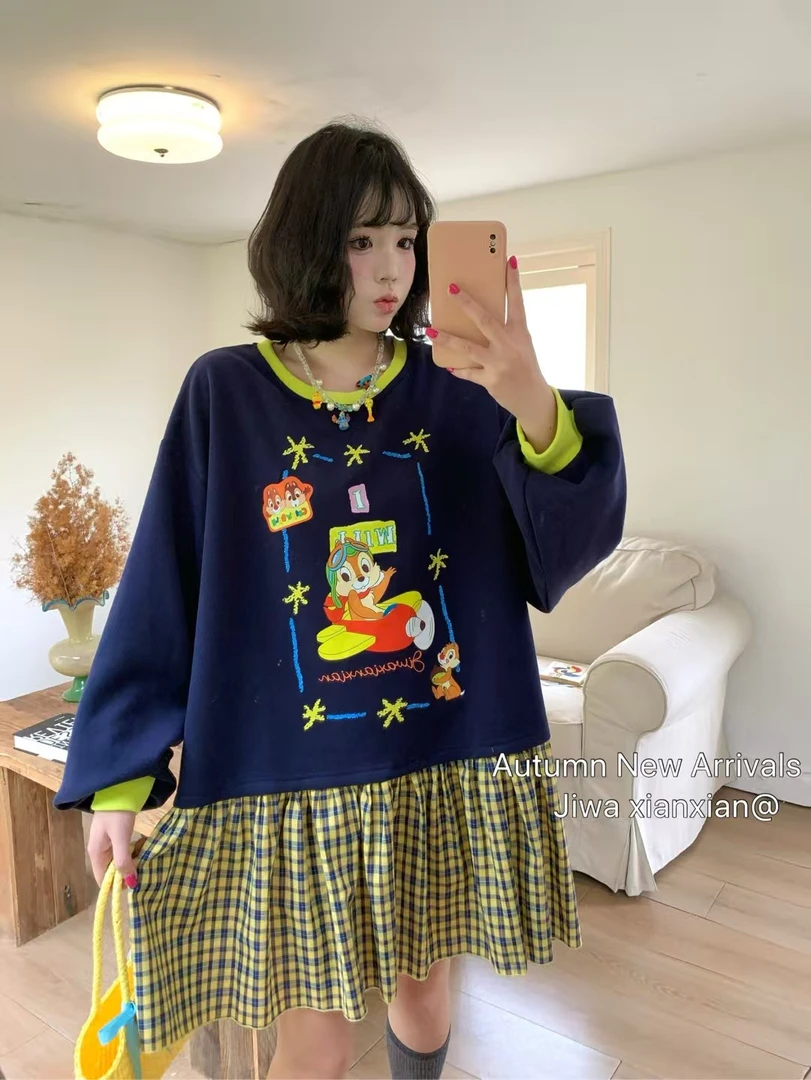 【钱呼呼】2025秋季新款小众甜美格子拼接宽松深蓝色卫衣裙 女