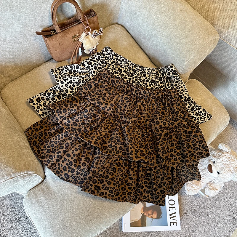 美式复古休闲风半身裙女秋季新款时尚荷叶边豹纹设计高腰显瘦短裙