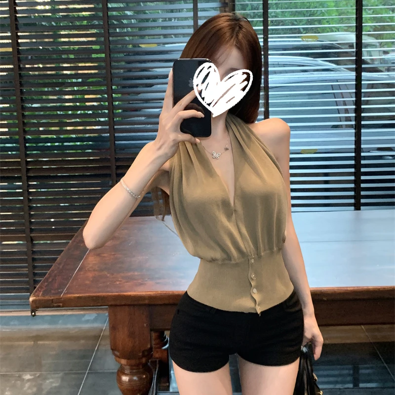 法式气质纯欲V领挂脖背心女2025夏季新款设计感收腰显瘦短款上衣