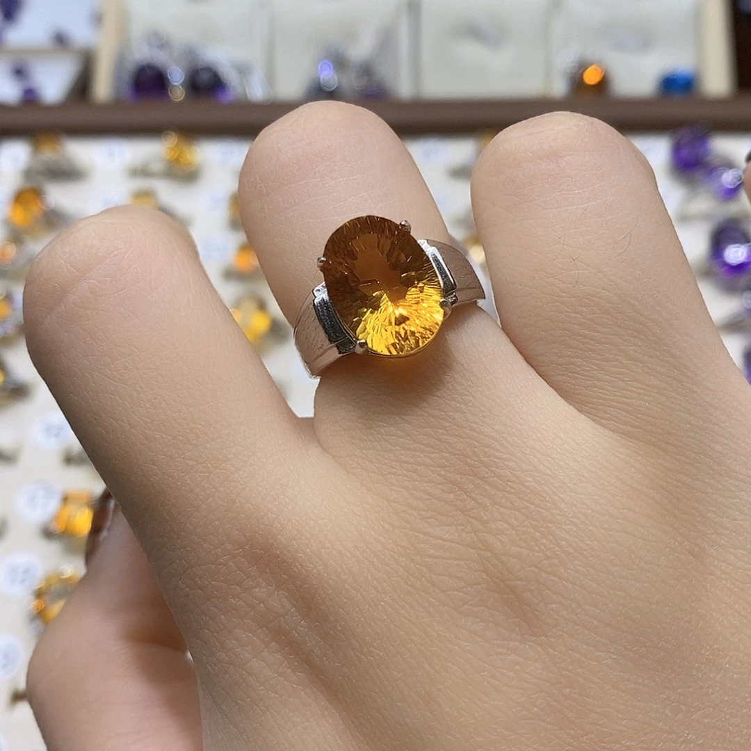 晨***夕水晶银S925镶嵌戒指纯天然黄水晶戒指J