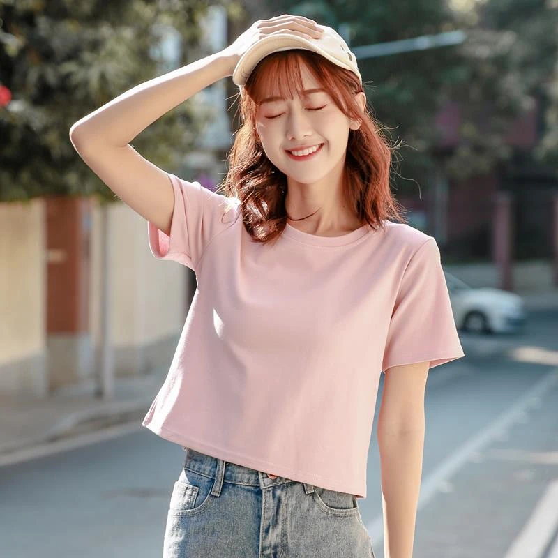 FAVMARTHA正肩短袖t恤女短款宽松纯棉小衫2025春夏新款高腰上衣修