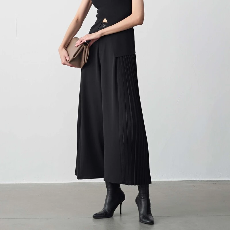 S·DEER圣迪奥女装复古高腰显瘦时尚气质压褶阔腿长裤S243Z0811