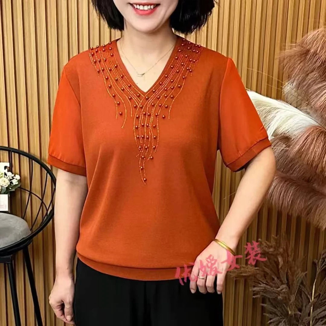 妈妈装夏季新款纯色V领钉珠透气显瘦百搭中老年女士短袖上衣小衫