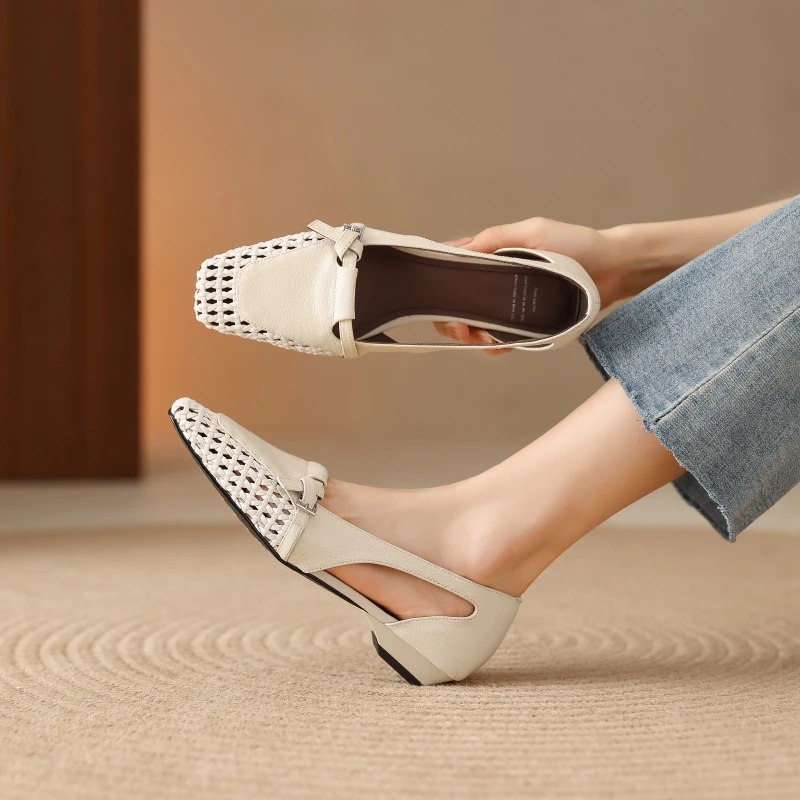 牛皮/跟高2.5cm/2025新款夏季真皮低跟凉鞋软面镂空舒适单鞋女