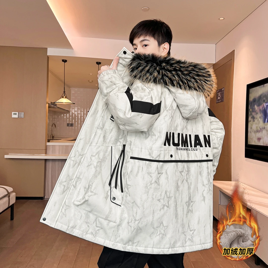 男士冬季潮流连帽宽松夹克保暖中长款加绒加厚款青少年冬装外套