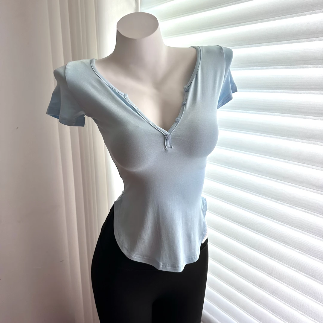 薄款莫代尔微透性感紧身半开领T恤短袖瑜伽运动健身显胸大上衣女