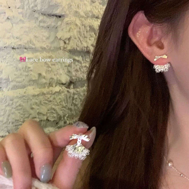 铜合金耳饰 蝴蝶结蕾丝裙边两戴后挂式耳环轻奢耳钉气质大气耳饰