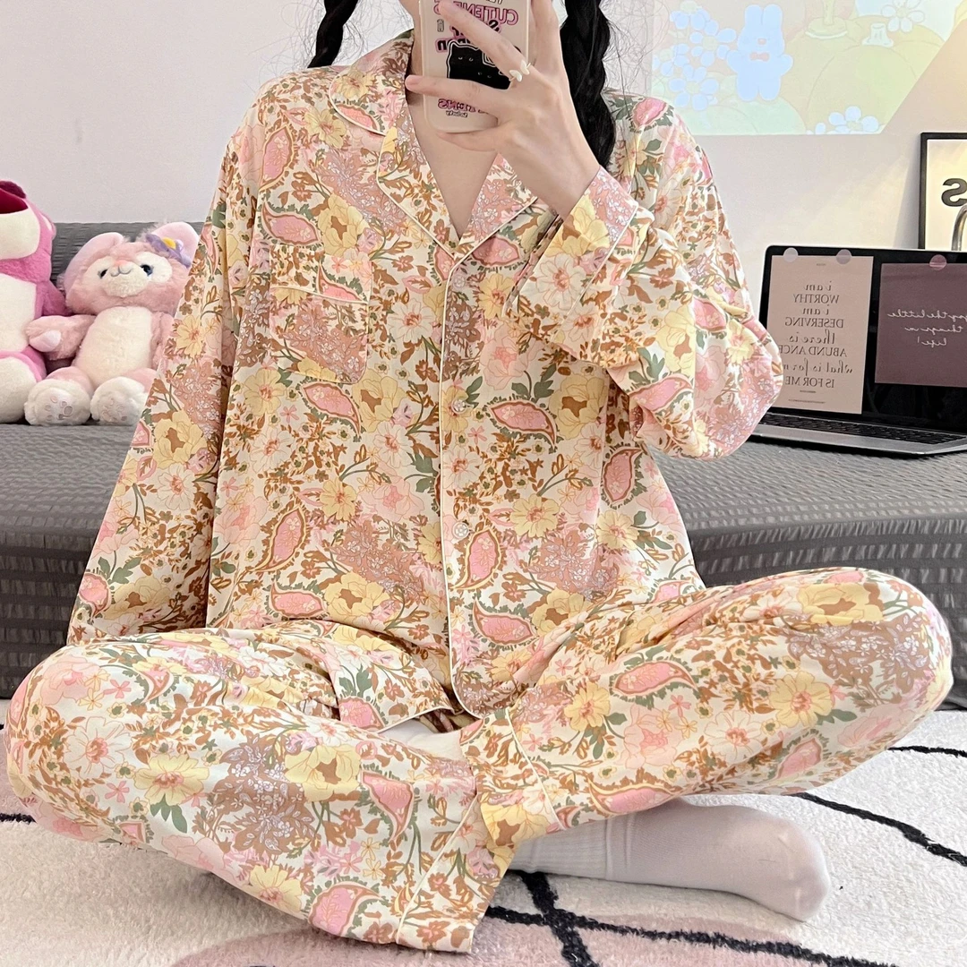 春秋季睡衣新款棉绸女士可爱慵懒风复古长袖长裤家居服套装可外穿