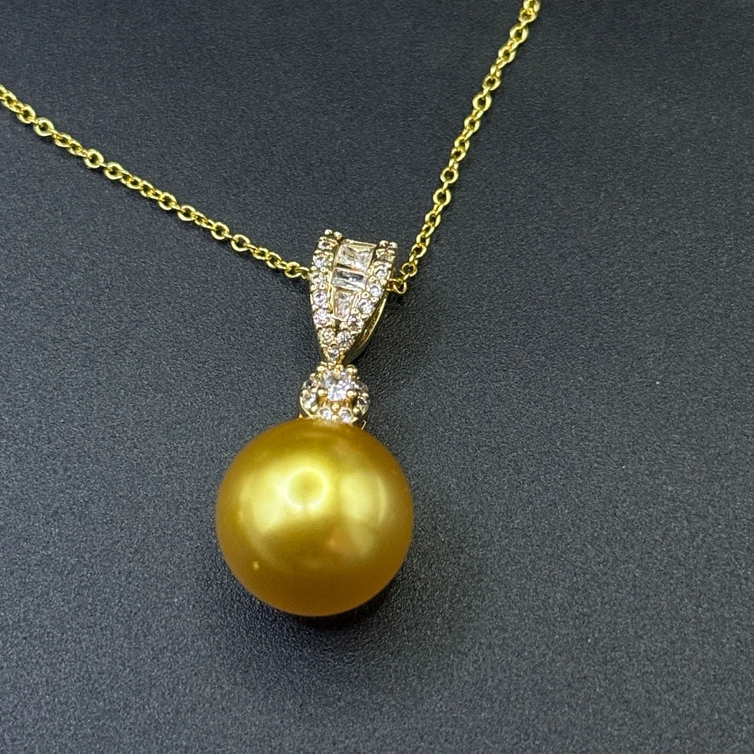 链子925银 南洋浓金色正圆兔耳朵吊坠单珠黄色锁骨链项链女士经典