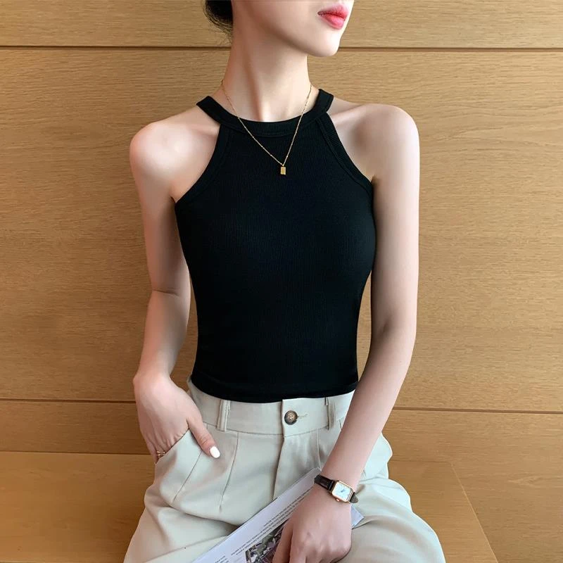 黑色带胸垫挂脖吊带背心女夏外穿2025新款一体式美背修身打底上衣