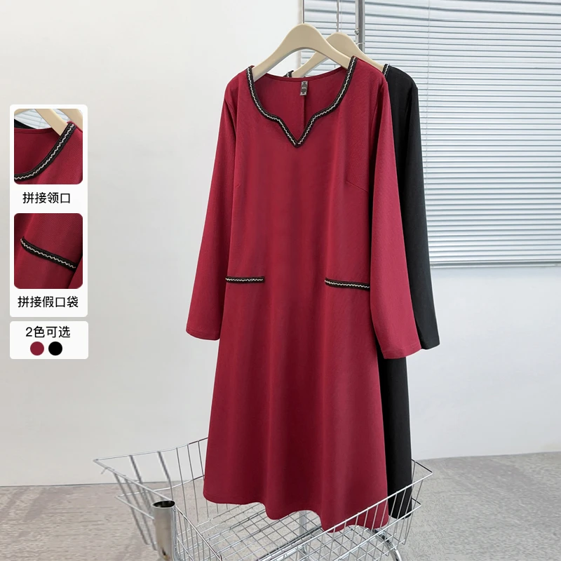 25304C加肥大码女装长袖连衣裙2025春秋装巨显瘦a字裙遮肉连衣裙