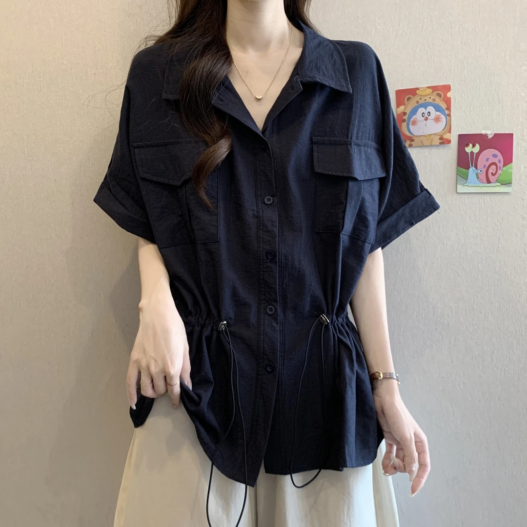 大码女装工装短袖衬衫女夏季微胖mm宽松显瘦遮肚抽绳收腰薄款上衣